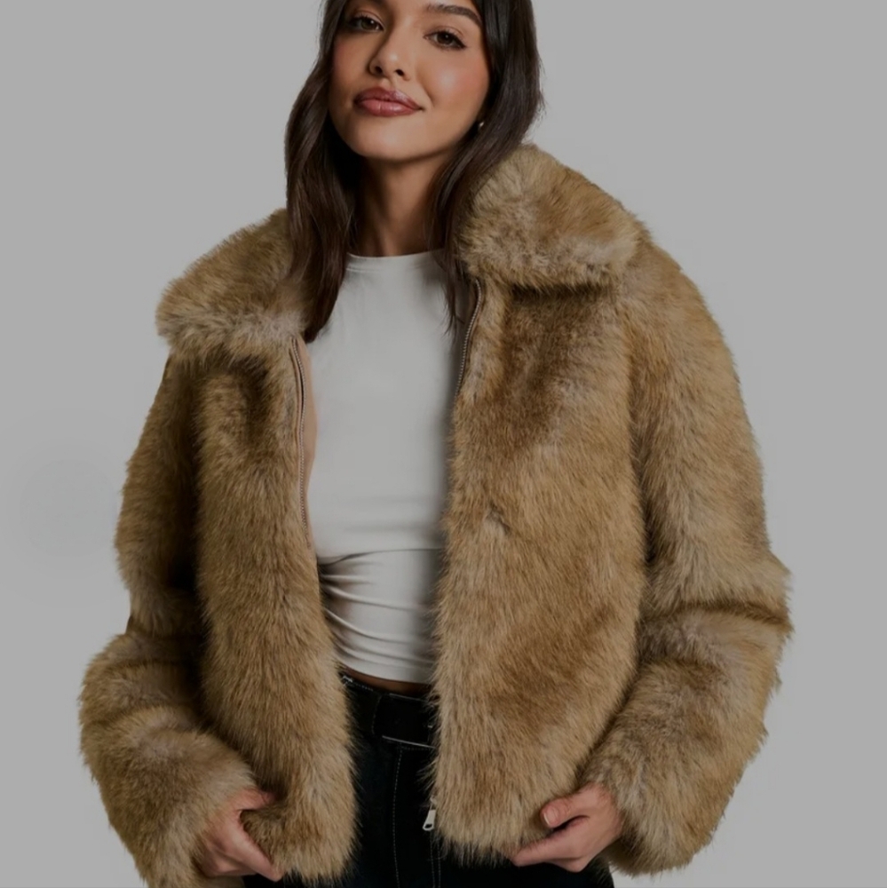 Boohoo Tan Teddy Jacket Plush Faux Fur Oversized